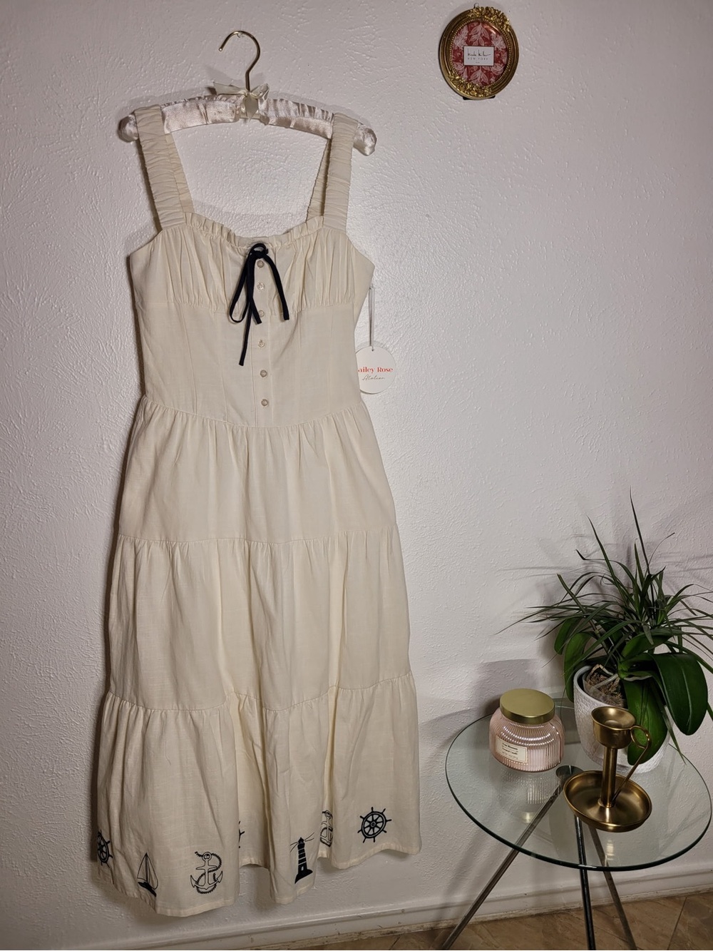 Women’s Cream Tiered Maxi Sundress with Black Tie Detail - Picture 1 of 11